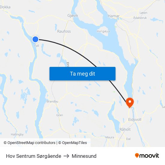 Hov Sentrum Sørgående to Minnesund map