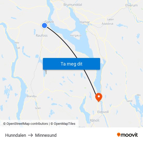 Hunndalen to Minnesund map