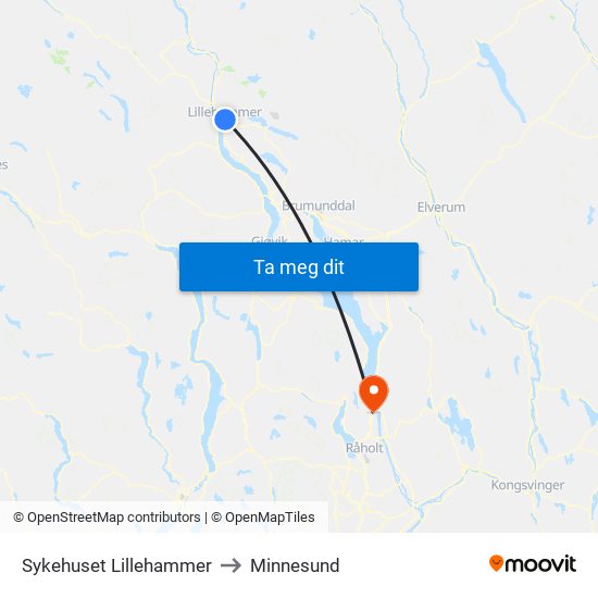 Sykehuset Lillehammer to Minnesund map