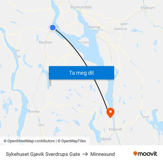 Sykehuset Gjøvik Sverdrups Gate to Minnesund map