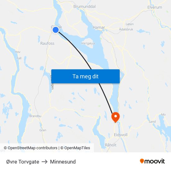 Øvre Torvgate to Minnesund map