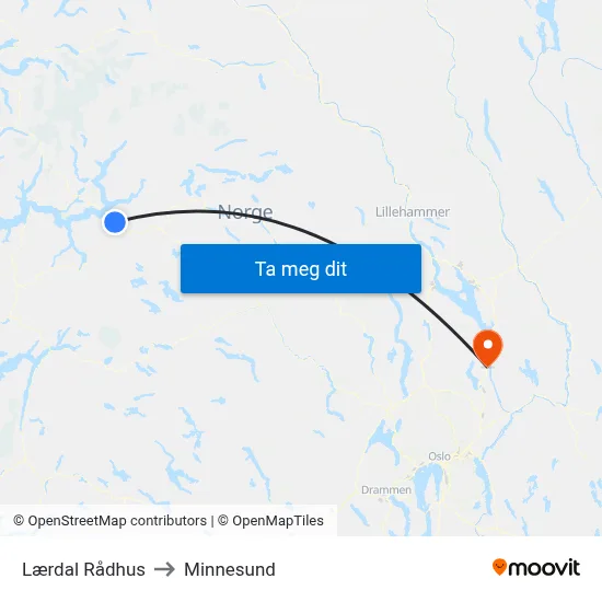 Lærdal Rådhus to Minnesund map
