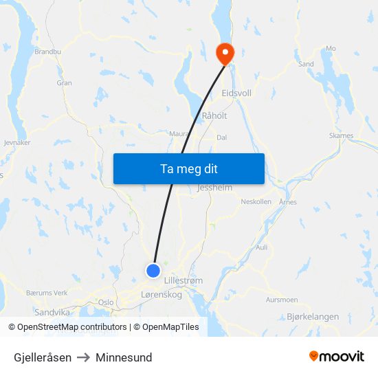 Gjelleråsen to Minnesund map