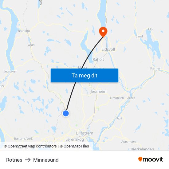 Rotnes to Minnesund map