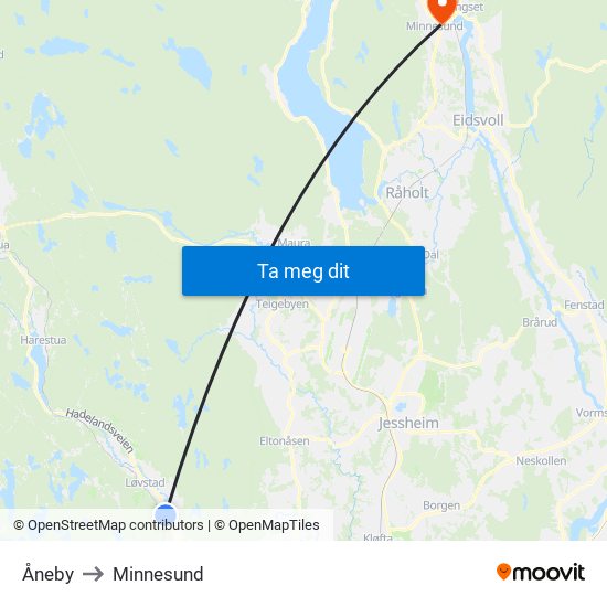 Åneby to Minnesund map