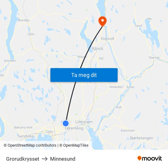 Grorudkrysset to Minnesund map