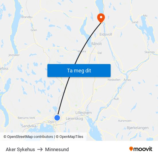 Aker Sykehus to Minnesund map