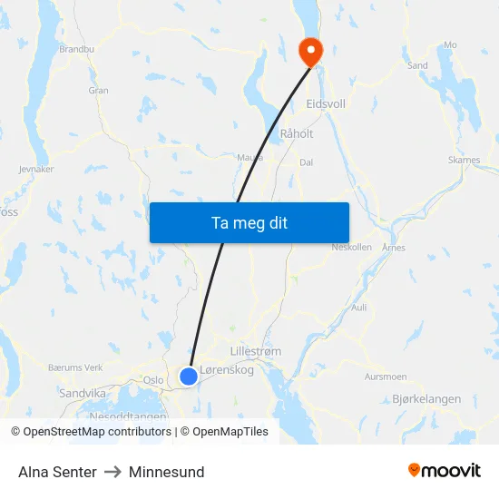Alna Senter to Minnesund map