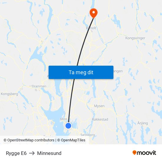 Rygge E6 to Minnesund map