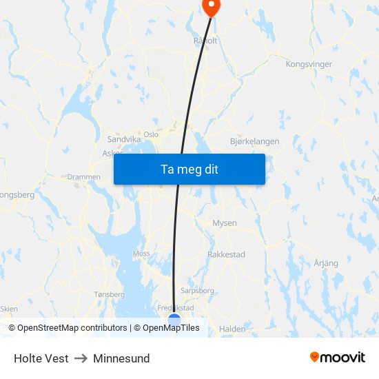 Holte Vest to Minnesund map
