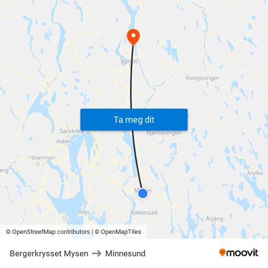 Bergerkrysset Mysen to Minnesund map