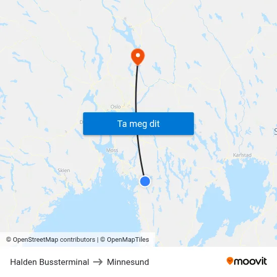 Halden Bussterminal to Minnesund map