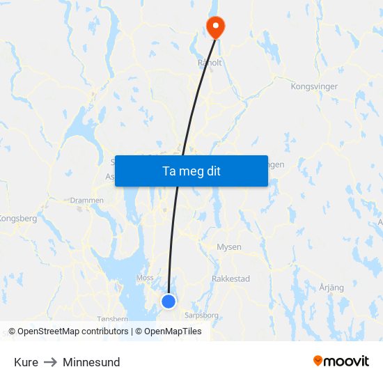 Kure to Minnesund map