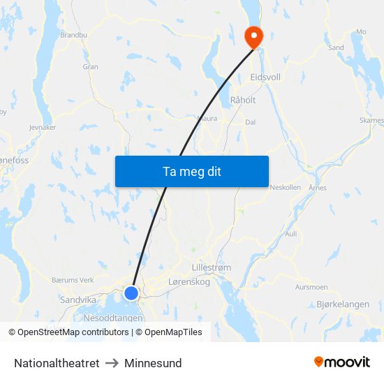 Nationaltheatret to Minnesund map