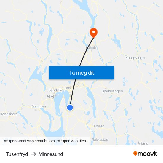 Tusenfryd to Minnesund map