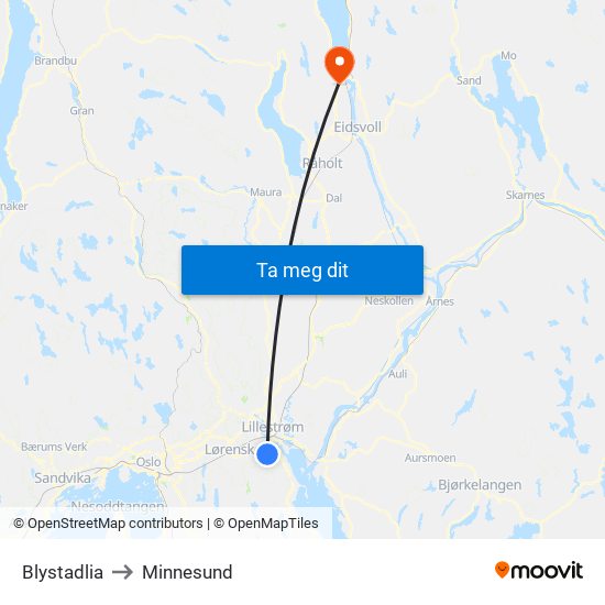 Blystadlia to Minnesund map