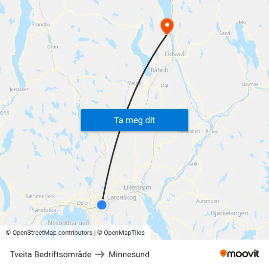 Tveita Bedriftsområde to Minnesund map