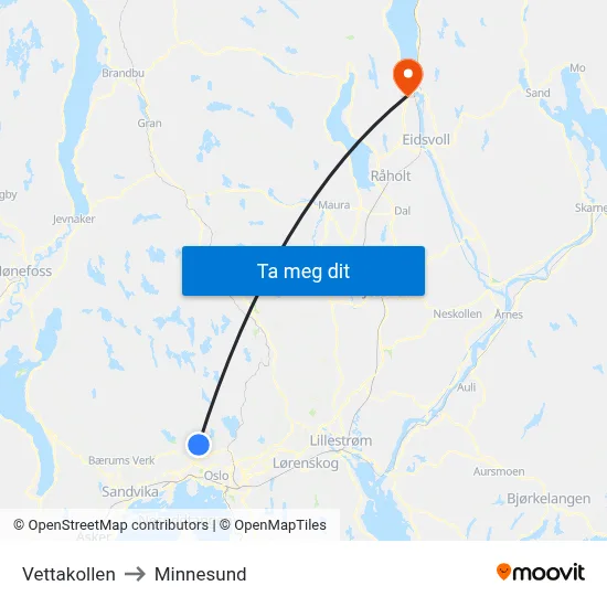 Vettakollen to Minnesund map