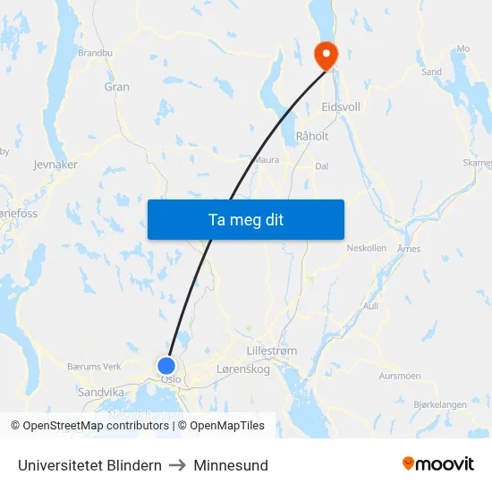 Universitetet Blindern to Minnesund map