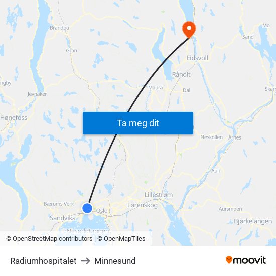 Radiumhospitalet to Minnesund map