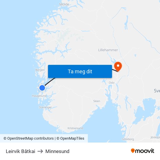 Leirvik Båtkai to Minnesund map