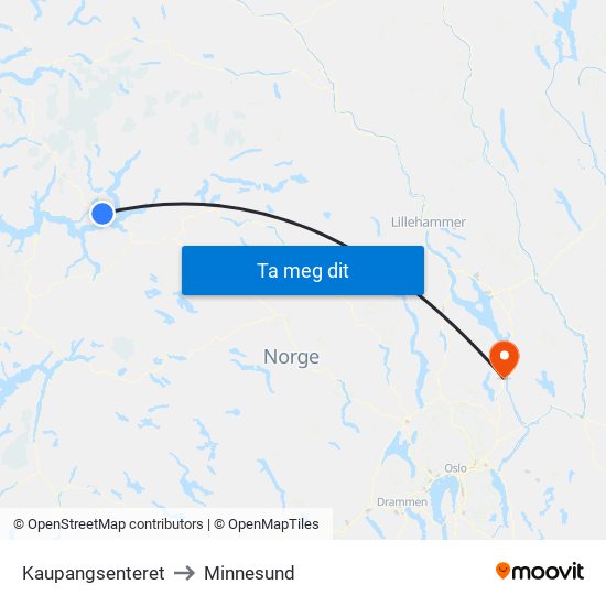 Kaupangsenteret to Minnesund map