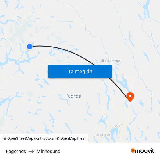 Fagernes to Minnesund map