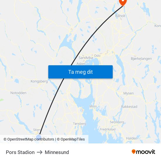 Pors Stadion to Minnesund map