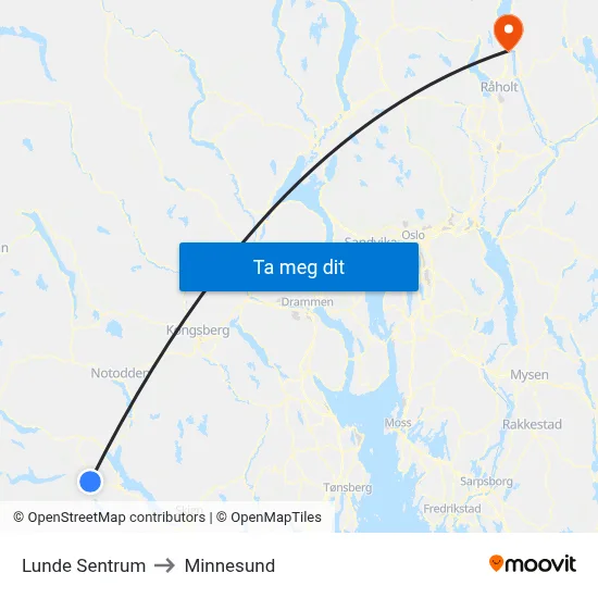 Lunde Sentrum to Minnesund map
