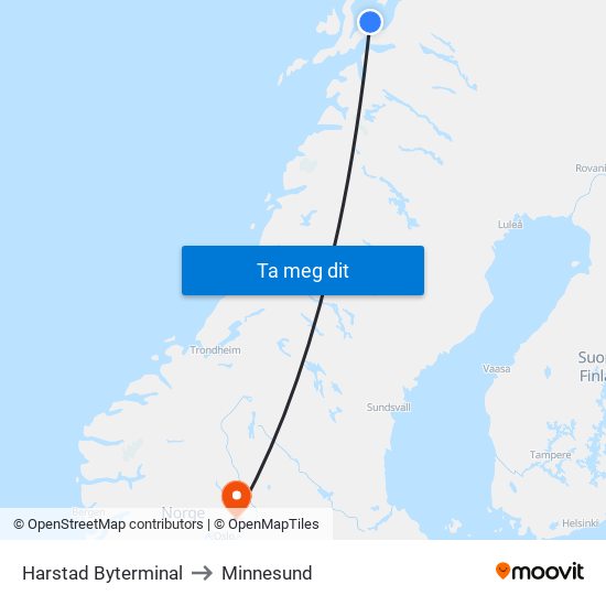 Harstad Byterminal to Minnesund map