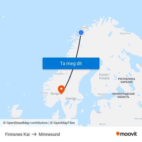 Finnsnes Kai to Minnesund map