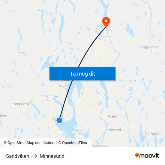 Sandviken to Minnesund map