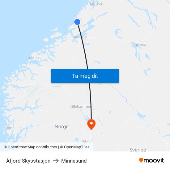 Åfjord Skysstasjon to Minnesund map