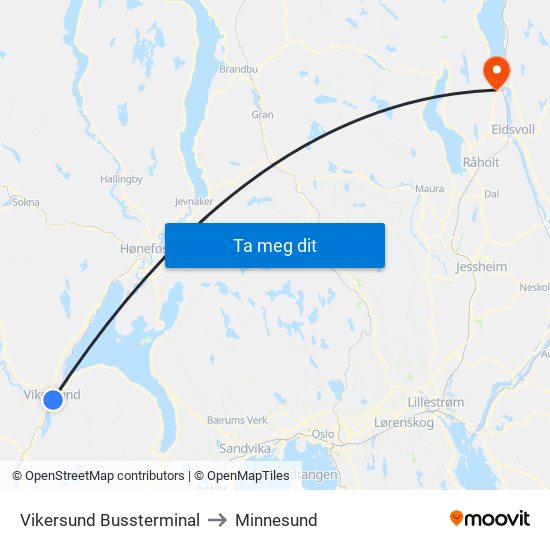 Vikersund Bussterminal to Minnesund map