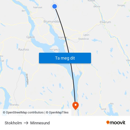 Stokholm to Minnesund map