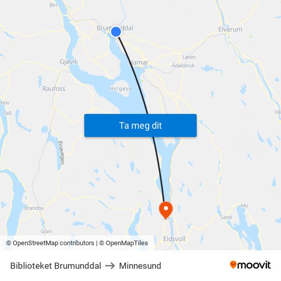 Biblioteket Brumunddal to Minnesund map