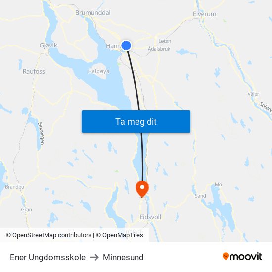 Ener Ungdomsskole to Minnesund map