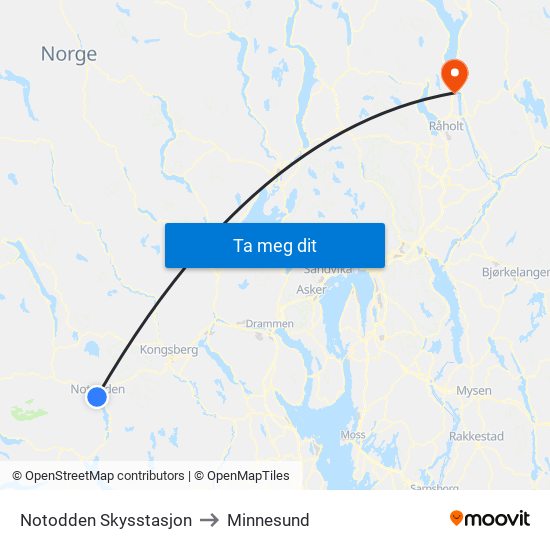 Notodden Skysstasjon to Minnesund map