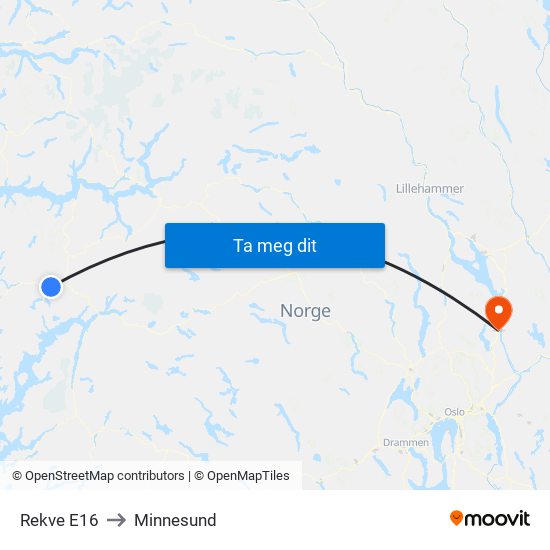 Rekve E16 to Minnesund map