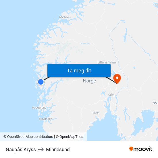 Gaupås Kryss to Minnesund map
