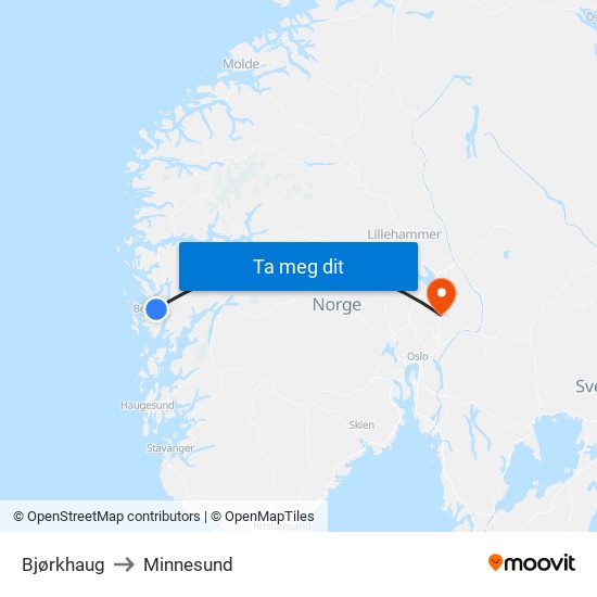 Bjørkhaug to Minnesund map