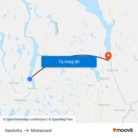 Sandvika to Minnesund map