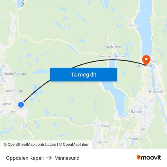Oppdalen Kapell to Minnesund map