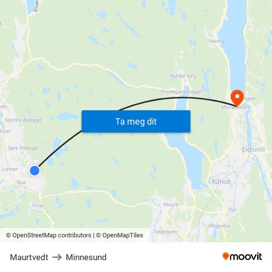 Maurtvedt to Minnesund map
