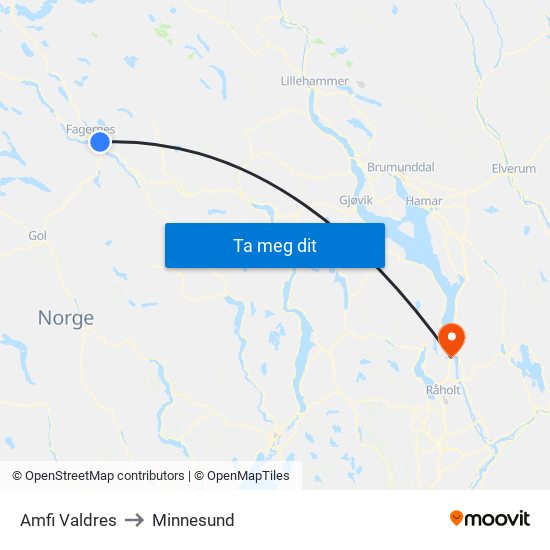 Amfi Valdres to Minnesund map