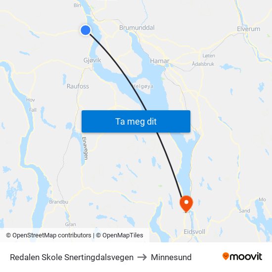 Redalen Skole Snertingdalsvegen to Minnesund map