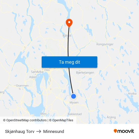 Skjønhaug Torv to Minnesund map