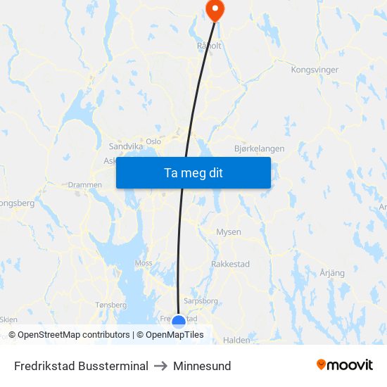 Fredrikstad Bussterminal to Minnesund map