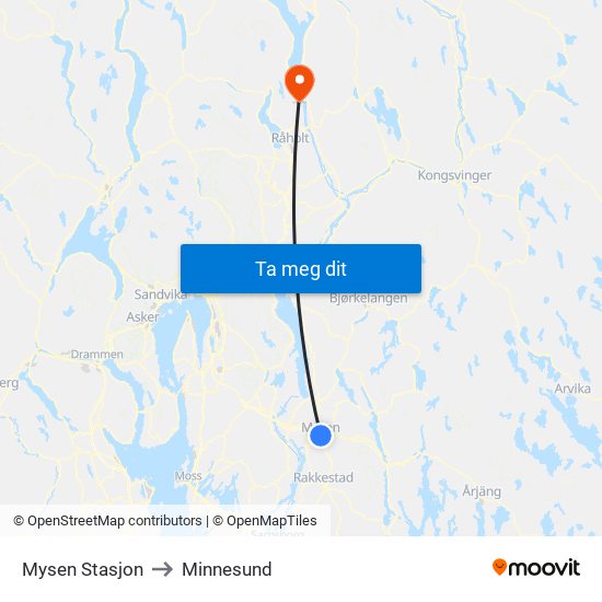 Mysen Stasjon to Minnesund map