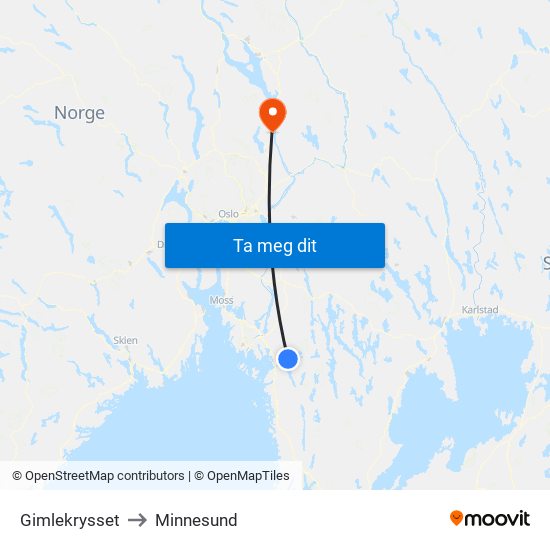 Gimlekrysset to Minnesund map